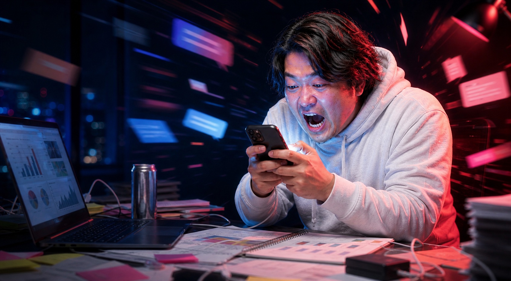 スマートフォンでSNS運用に追われる経営者