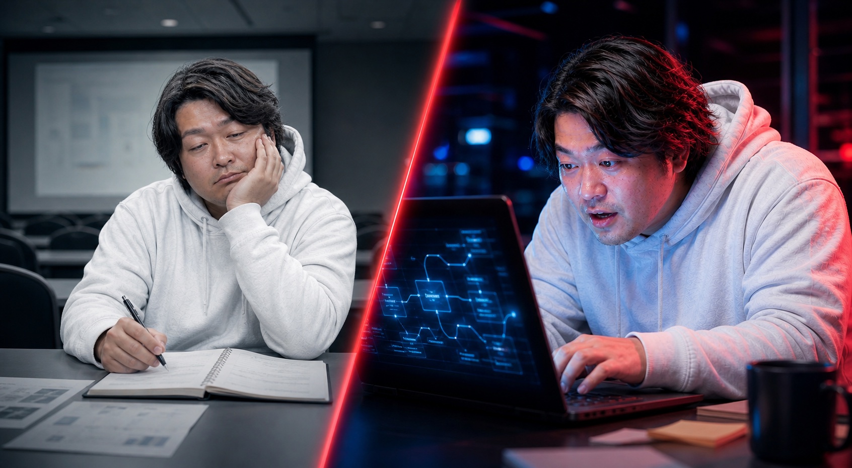 座学で眠そうにメモを取る姿と、AI構築に没頭する姿の比較